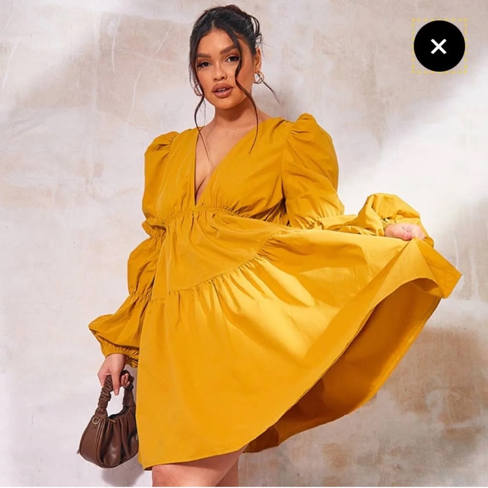 Plus Mustard Tiered Puff Sleeve Dress